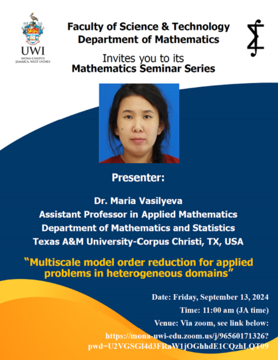 You are invited: Department of Mathematics Seminar Series - Dr. Maria Vasilyeva