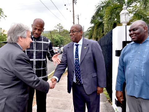 United Nations (UN) Secretary-General, His Excellency, António Guterres (left) is introduced by Professor Sir Hilary Beckles Vice Chancellor (second left) to Professor Dale Webber, Principal of the Mona Campus (second right). Dr. Donovan Stanberry, Campus Registrar (right) looks on, waiting to greet the Secretary- General.  